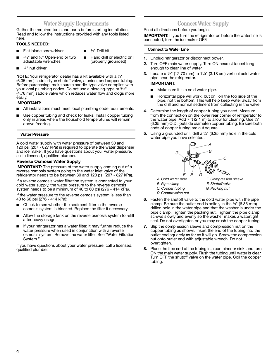 Water supply requirements, Connect water supply | Whirlpool 2315209 User Manual | Page 4 / 44
