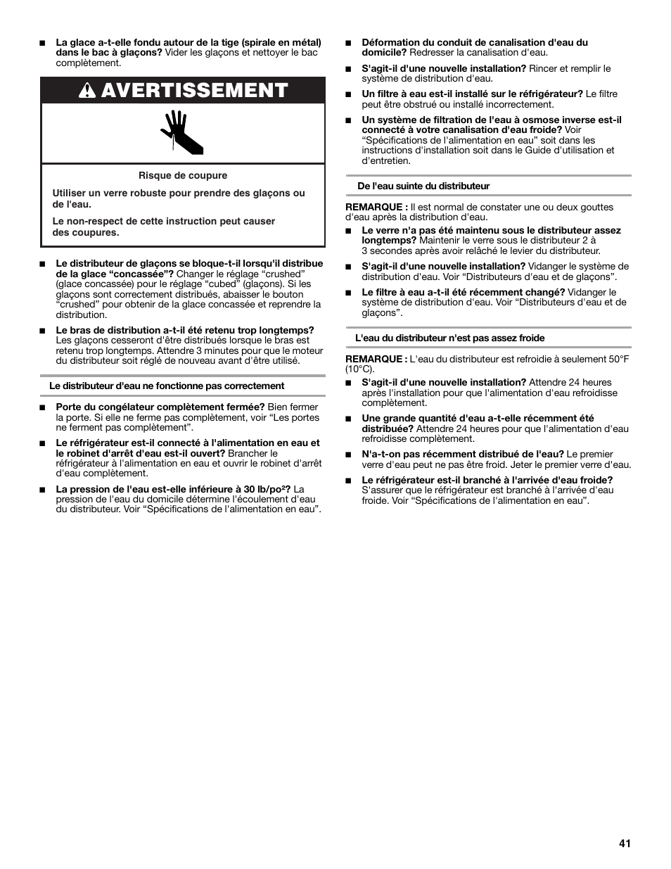 Avertissement | Whirlpool 2315209 User Manual | Page 41 / 44