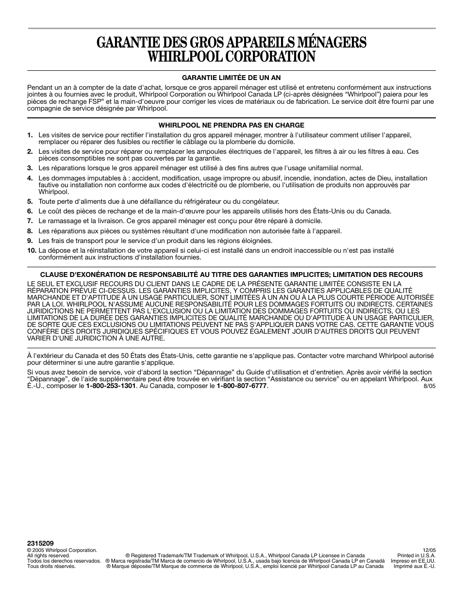 Whirlpool 2315209 User Manual | Page 44 / 44