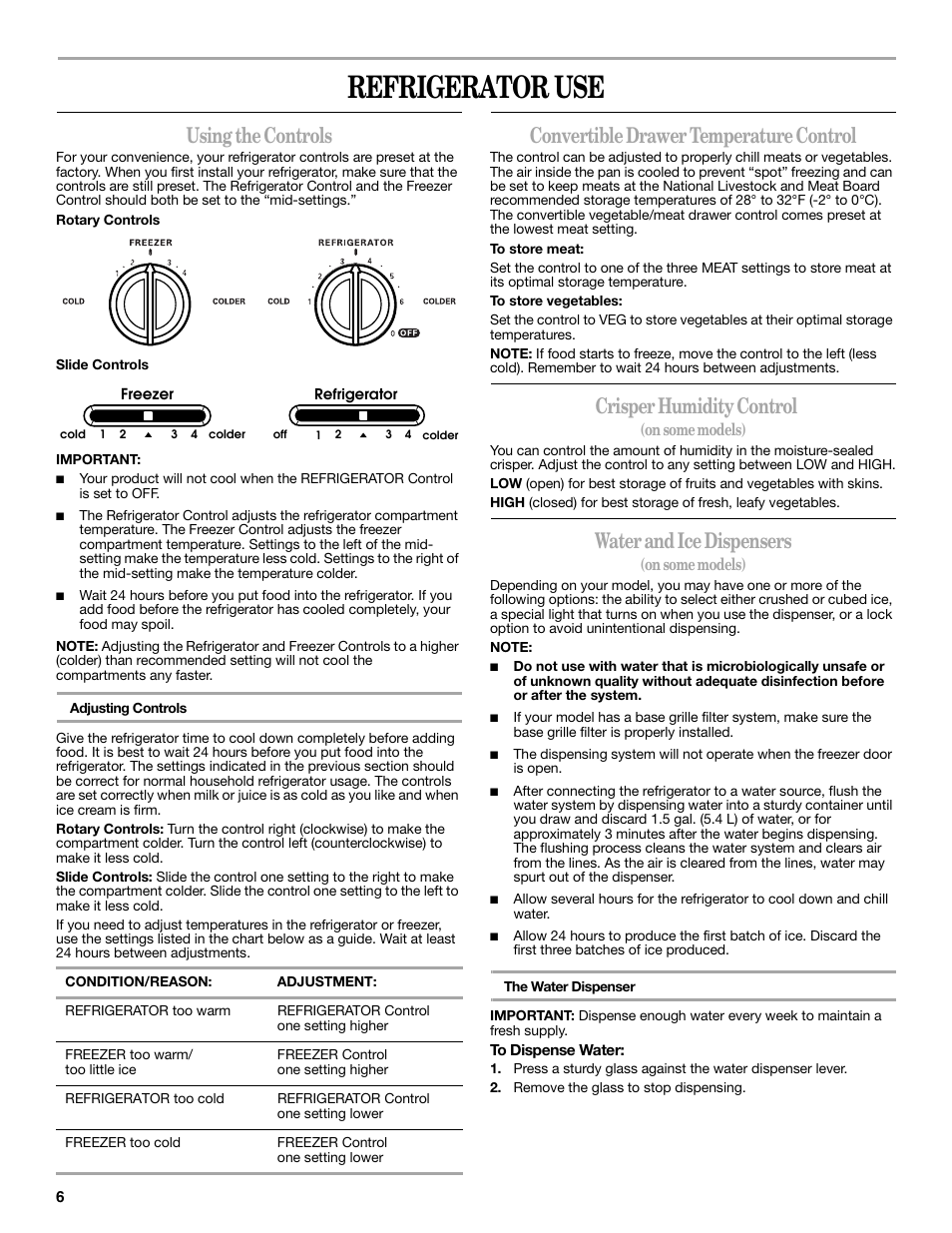 Refrigerator use, Using the controls, Convertible drawer temperature control | Crisper humidity control, Water and ice dispensers | Whirlpool 2315209 User Manual | Page 6 / 44