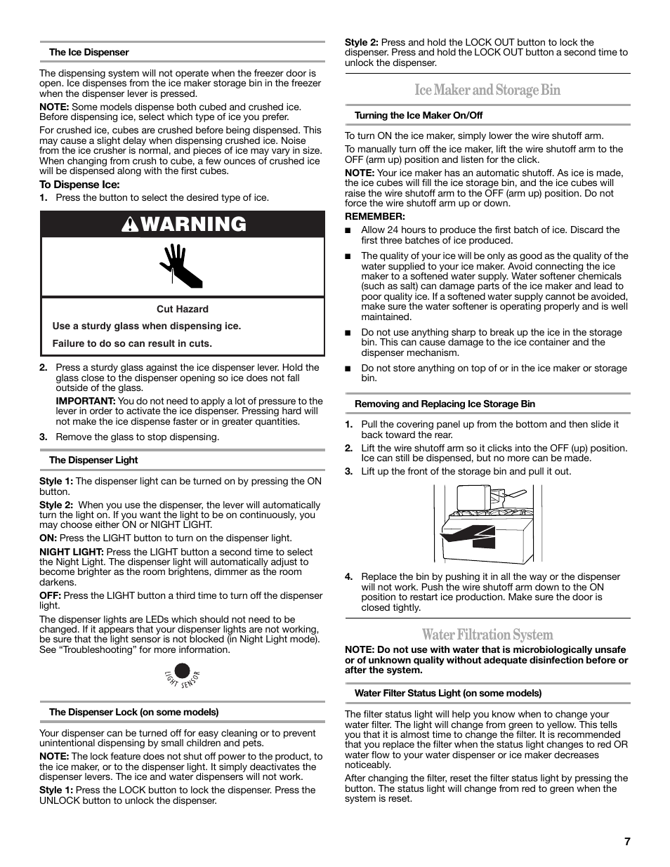 Warning, Ice maker and storage bin, Water filtration system | Whirlpool 2315209 User Manual | Page 7 / 44