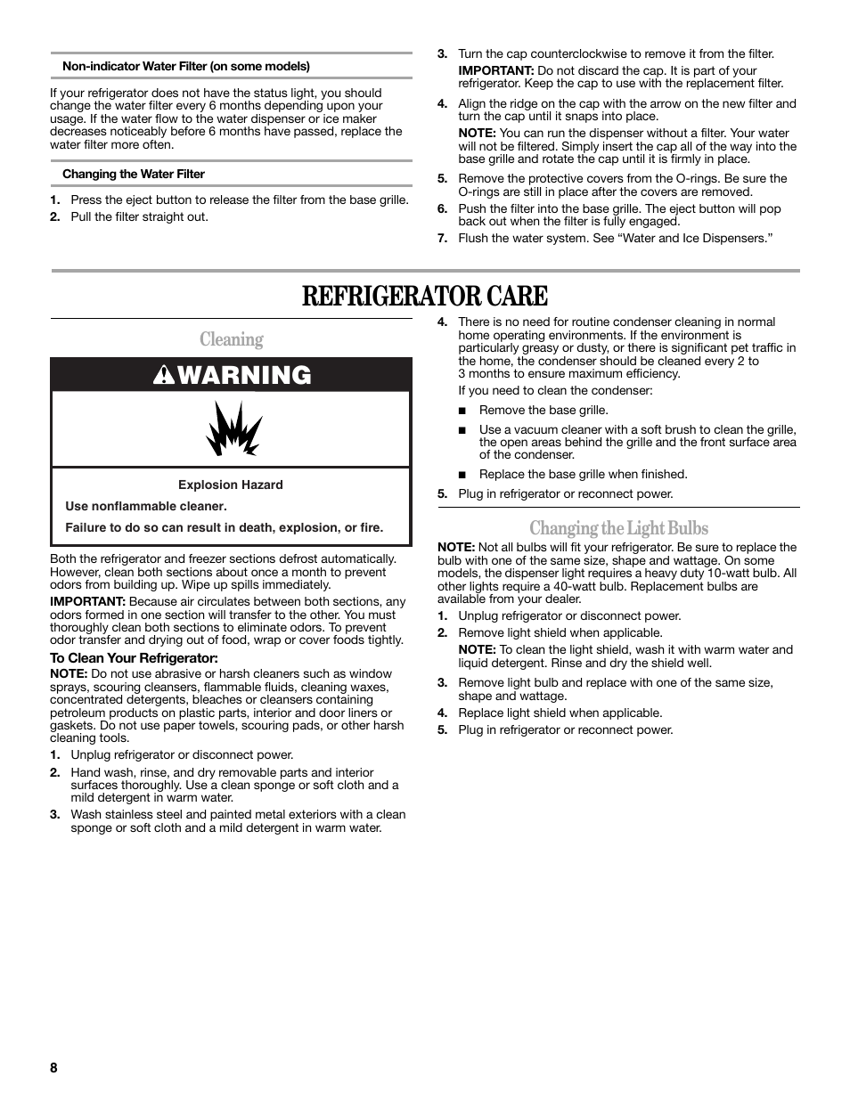 Refrigerator care, Warning, Cleaning | Changing the light bulbs | Whirlpool 2315209 User Manual | Page 8 / 44