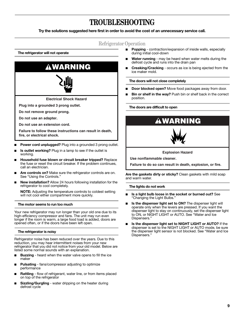 Troubleshooting, Warning, Refrigerator operation | Whirlpool 2315209 User Manual | Page 9 / 44