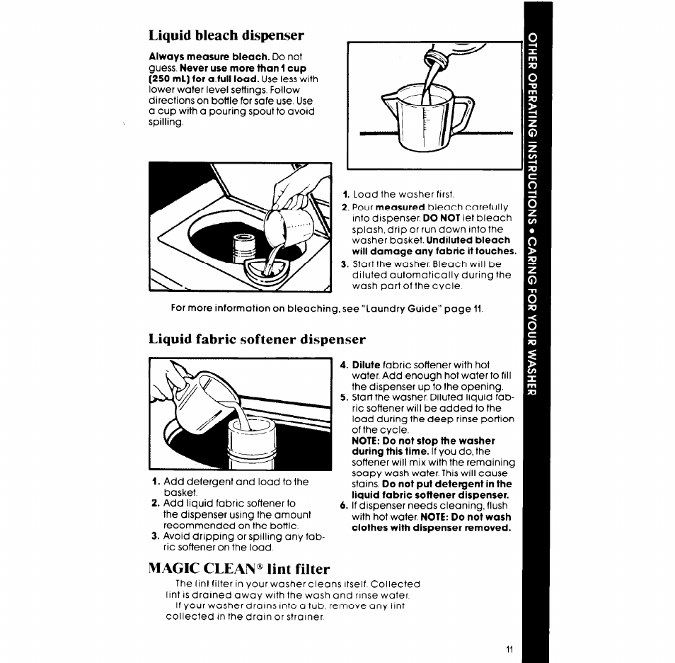 Liquid bleach dispenser, Liquid fabric softener dispenser, Magic clean® lint filter | Whirlpool LA77OOXP User Manual | Page 11 / 16