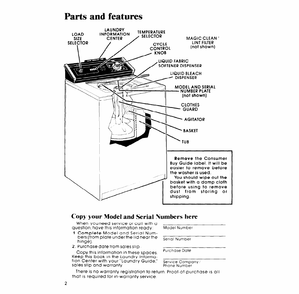 Parts and features, Copy your model and serial numbers here | Whirlpool LA77OOXP User Manual | Page 2 / 16