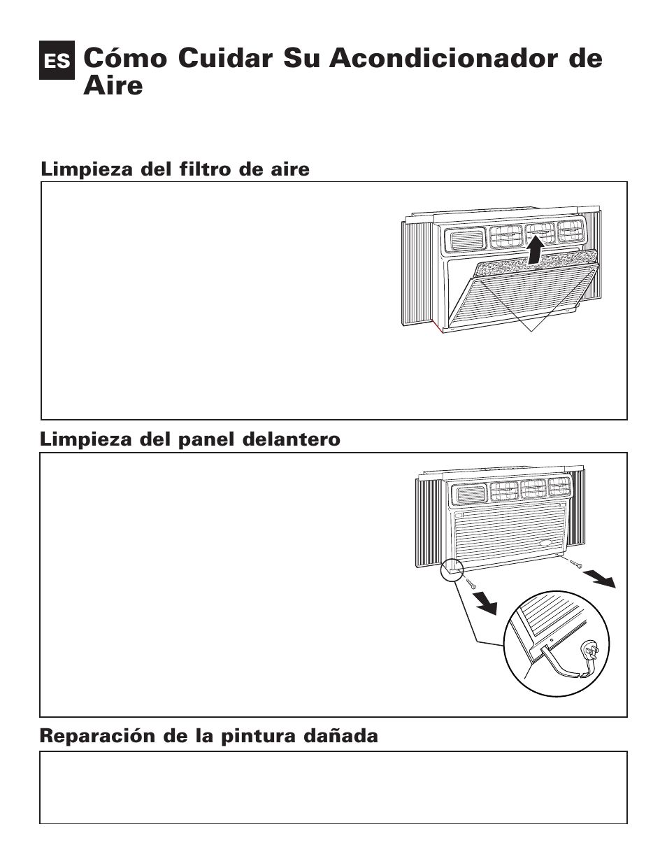 Cómo cuidar su acondicionador de aire, Reparación de la pintura dañada | Whirlpool ACE082XH0 User Manual | Page 11 / 28