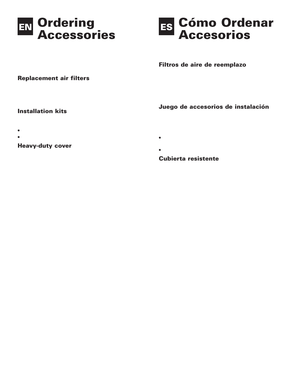 Ordering accessories, Cómo ordenar accesorios | Whirlpool ACE082XH0 User Manual | Page 18 / 28