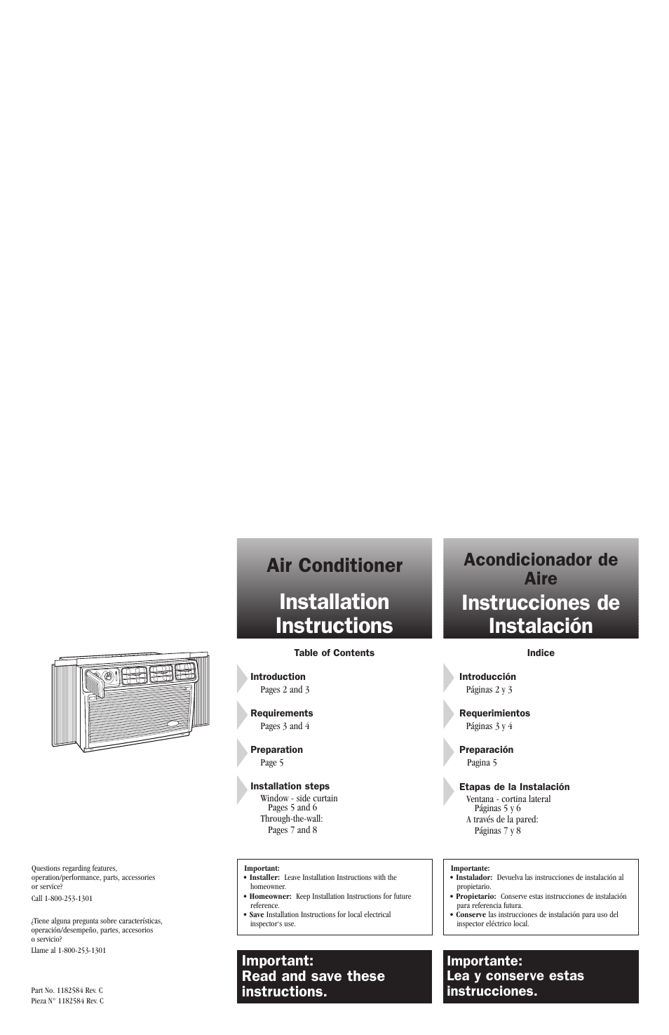 Installation instructions, Instrucciones de instalación, Air conditioner | Acondicionador de aire, Important: read and save these instructions, Importante: lea y conserve estas instrucciones | Whirlpool ACE082XH0 User Manual | Page 21 / 28