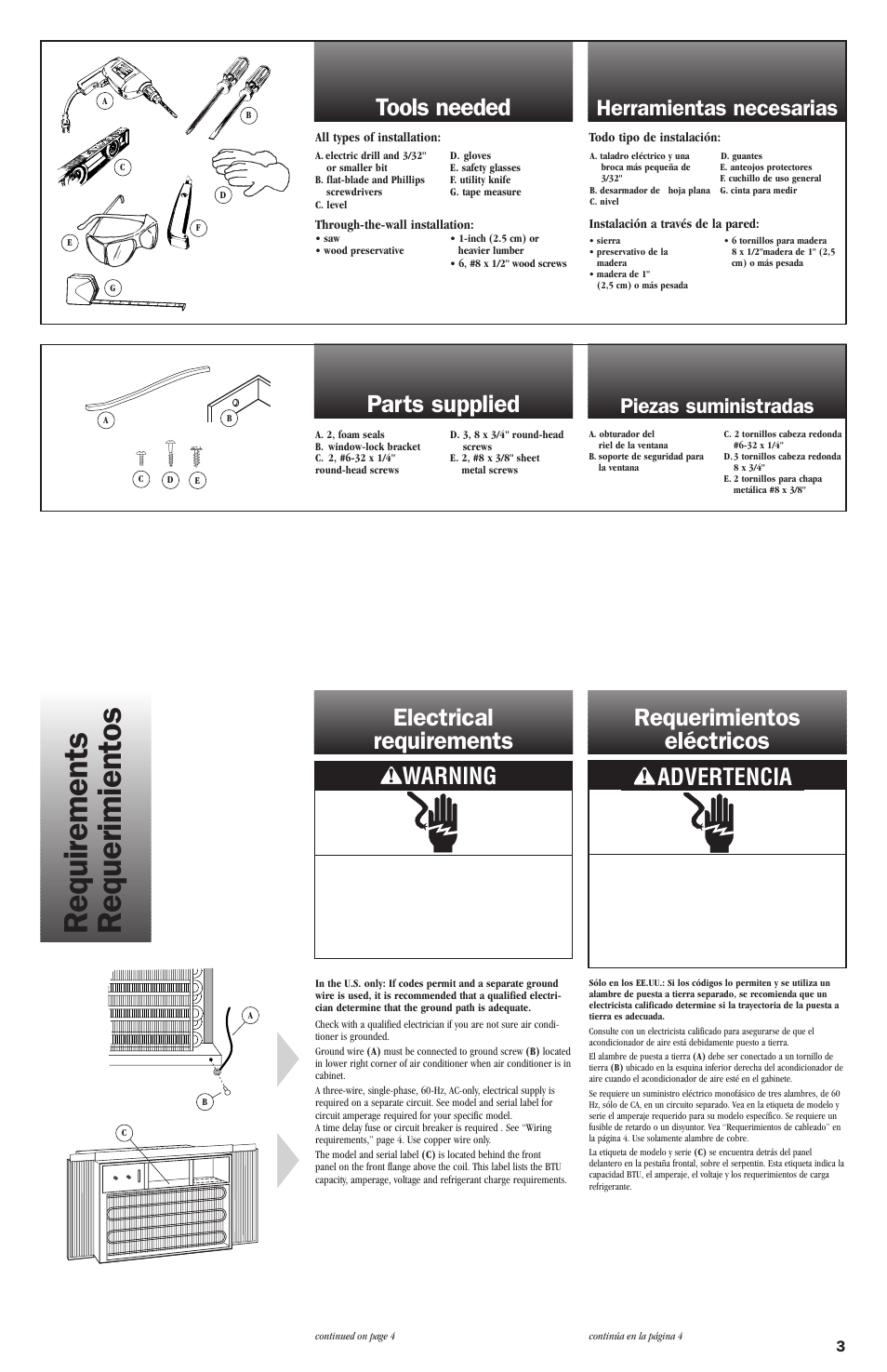 Tools needed, Parts supplied, Electrical requirements | Requirements requerimientos, Tools needed parts supplied, Electrical requirements requerimientos eléctricos, Warning, Advertencia, Herramientas necesarias, Piezas suministradas | Whirlpool ACE082XH0 User Manual | Page 23 / 28