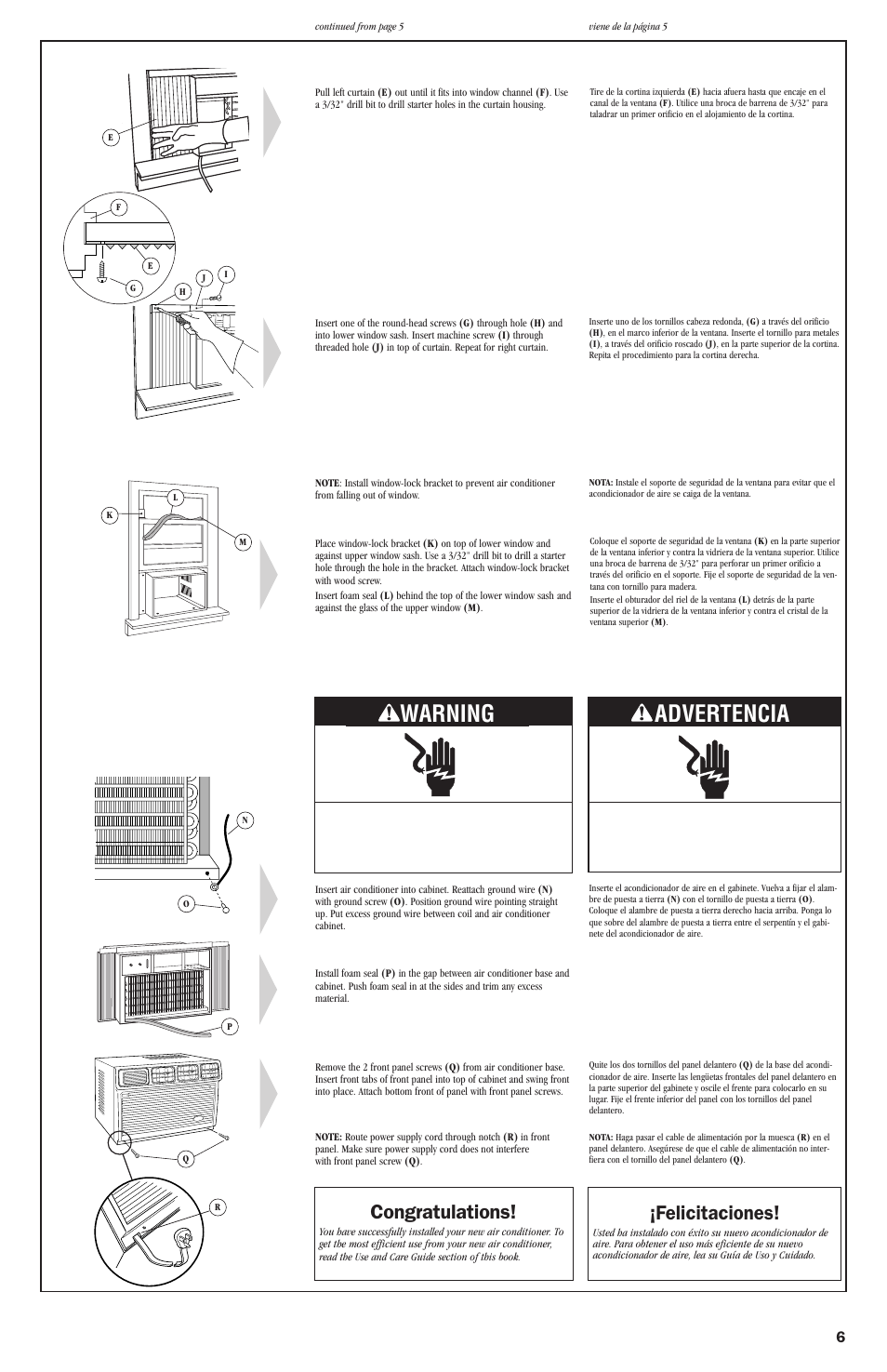 Warning, Advertencia, Felicitaciones | Whirlpool ACE082XH0 User Manual | Page 26 / 28