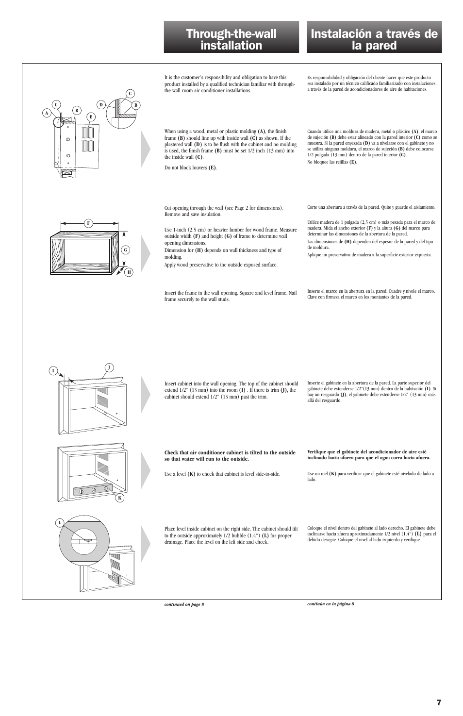 Through-the-wall installation, Instalación a través de la pared | Whirlpool ACE082XH0 User Manual | Page 27 / 28