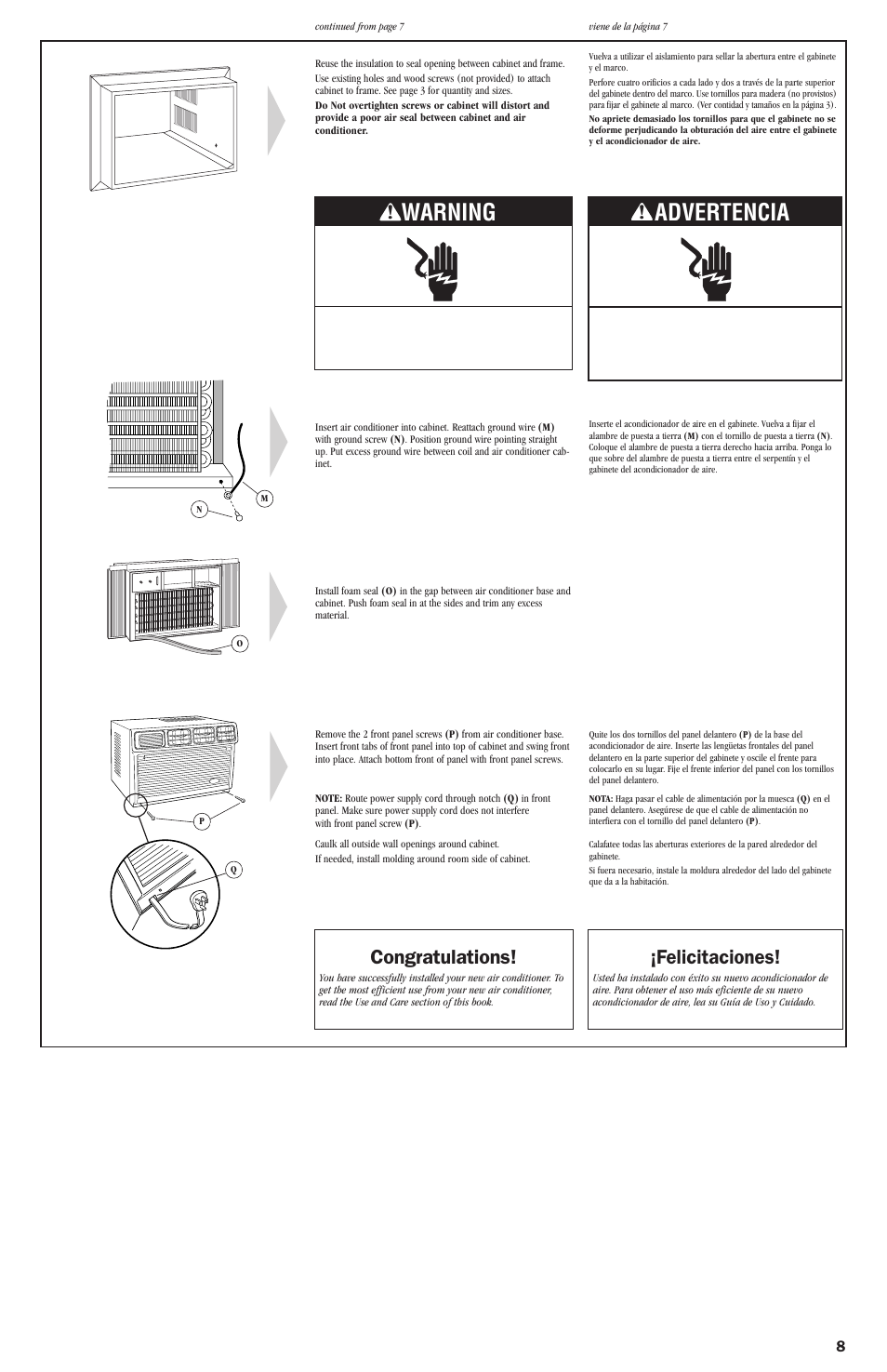 Warning, Advertencia, Felicitaciones | Whirlpool ACE082XH0 User Manual | Page 28 / 28