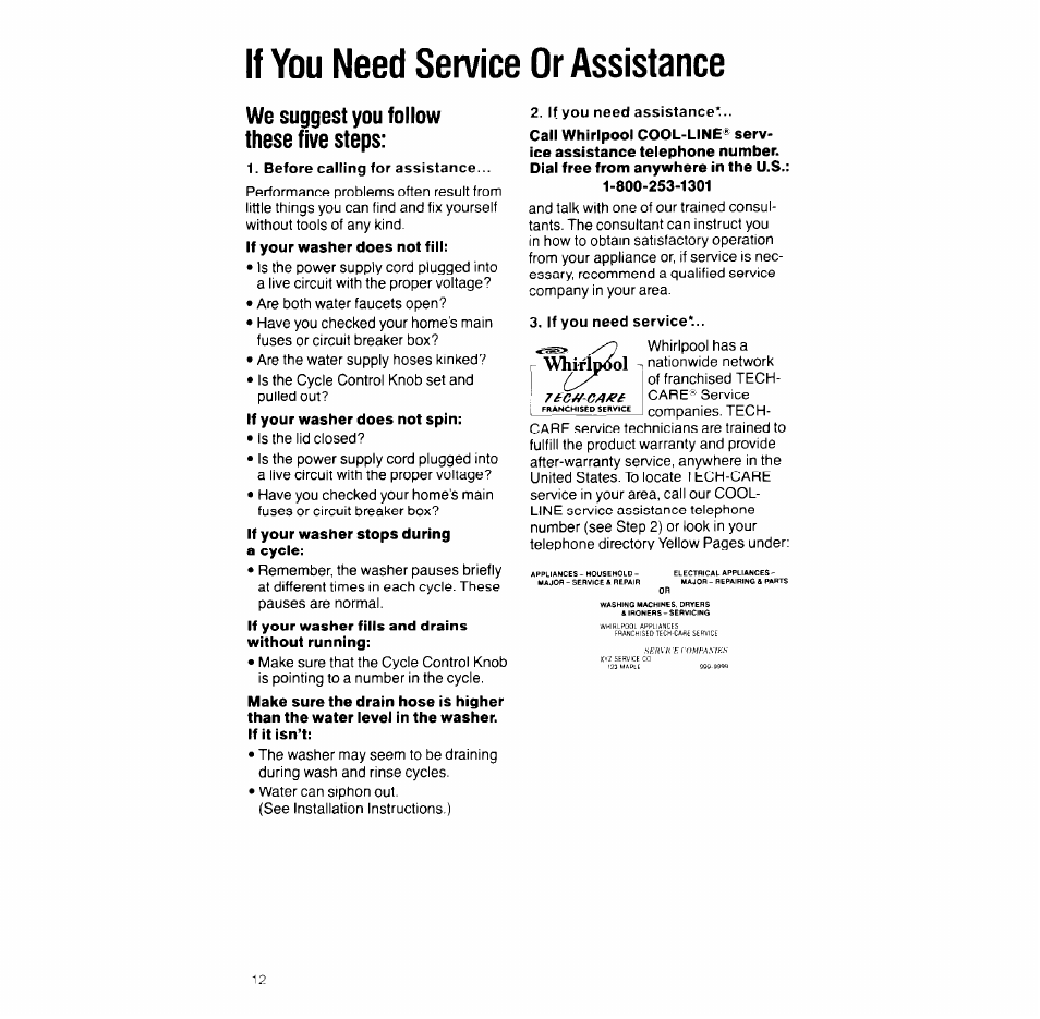 If you need service or assistance, If you need assistance, If you need service | Rec^-ca/ee, We suggest you follow these five steps | Whirlpool LA93ooxT User Manual | Page 12 / 16