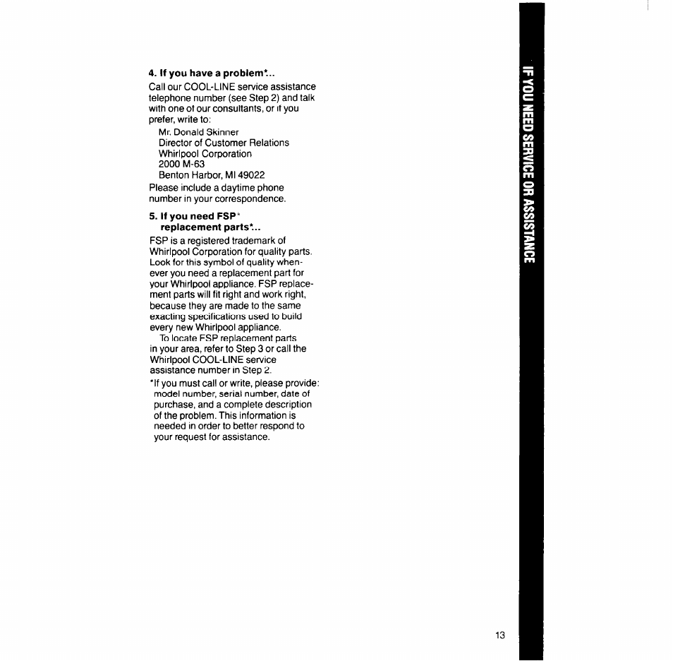 If you have a problem, If you need fsp" replacement parts | Whirlpool LA93ooxT User Manual | Page 13 / 16