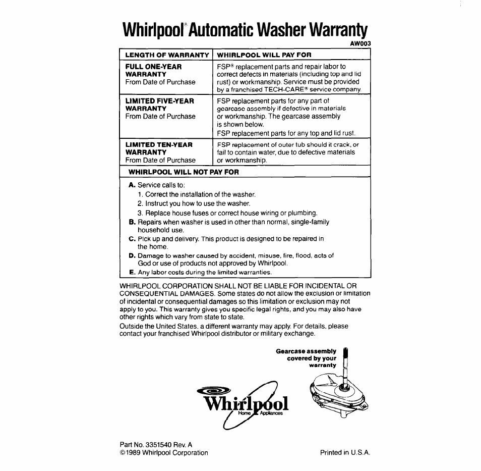 Whiripool automatic washer warranty, Whirl | Whirlpool LA93ooxT User Manual | Page 16 / 16