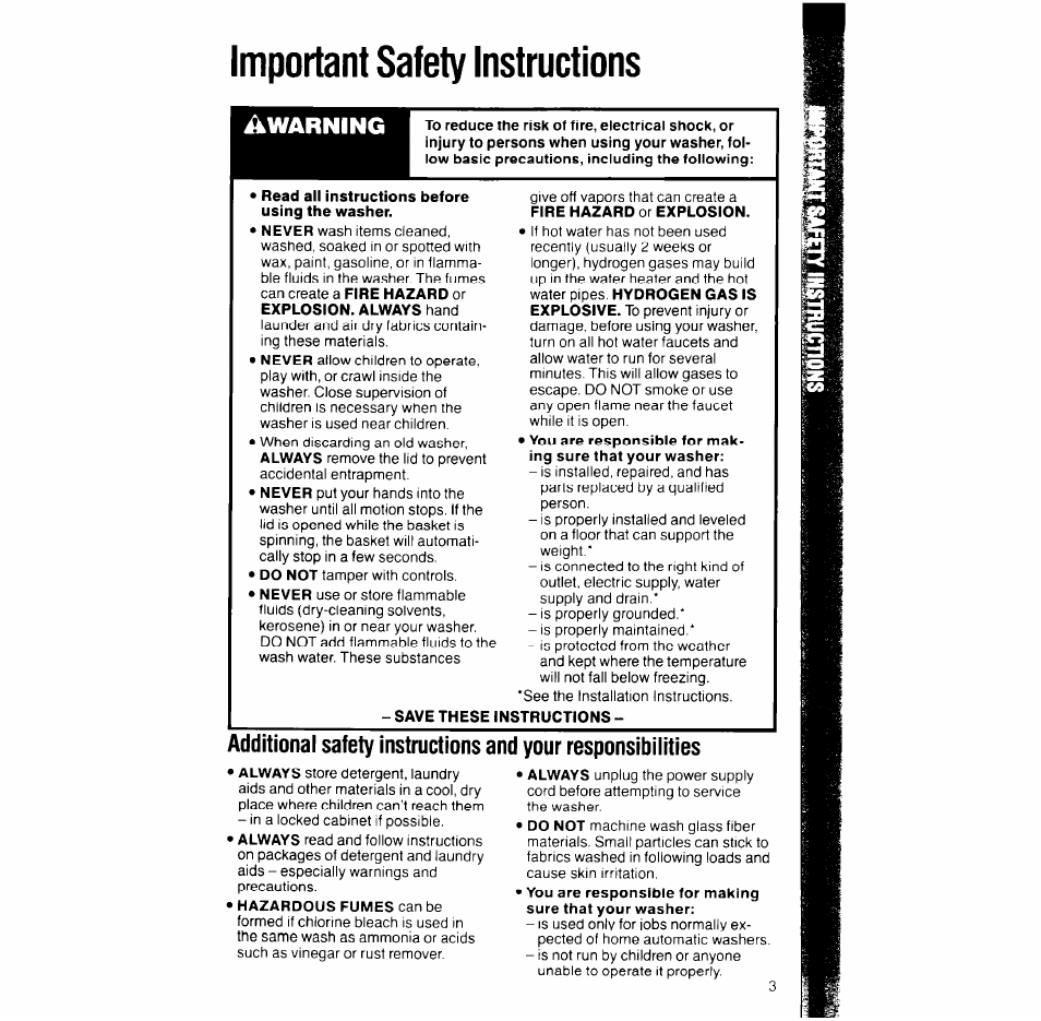 Important safety instructions, Read all instructions before using the washer, Save these instructions | Warning | Whirlpool LA93ooxT User Manual | Page 3 / 16