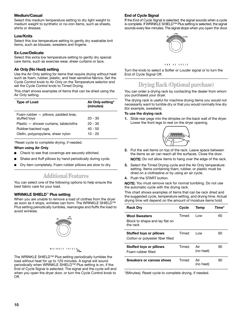 Additional features, Drying rack (optional purchase) | Whirlpool 8535839 User Manual | Page 10 / 28