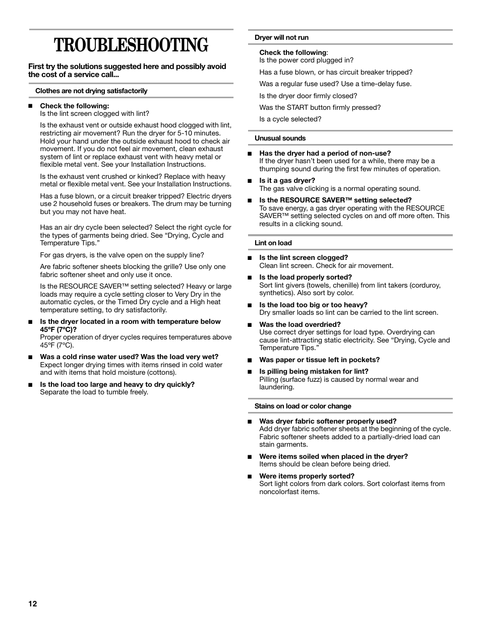 Troubleshooting | Whirlpool 8535839 User Manual | Page 12 / 28