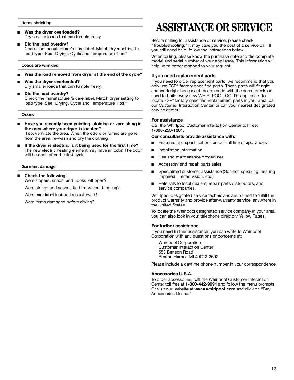 Assistance or service | Whirlpool 8535839 User Manual | Page 13 / 28