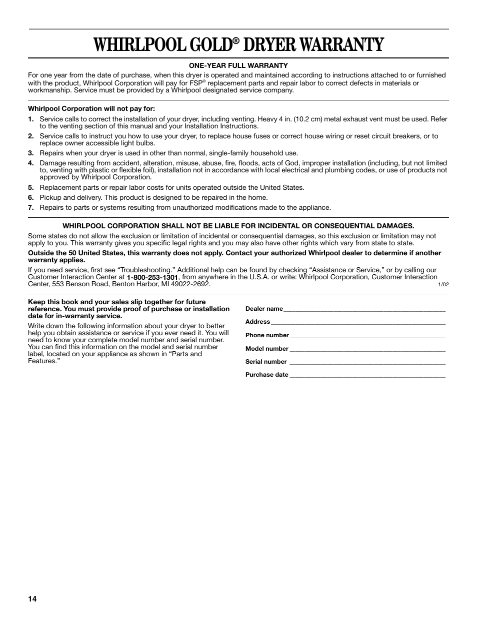 Whirlpool gold, Dryer warranty | Whirlpool 8535839 User Manual | Page 14 / 28