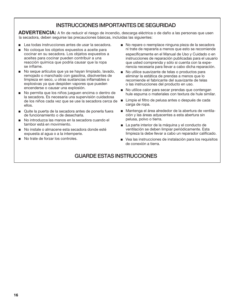Instrucciones importantes de seguridad, Guarde estas instrucciones, Advertencia | Whirlpool 8535839 User Manual | Page 16 / 28