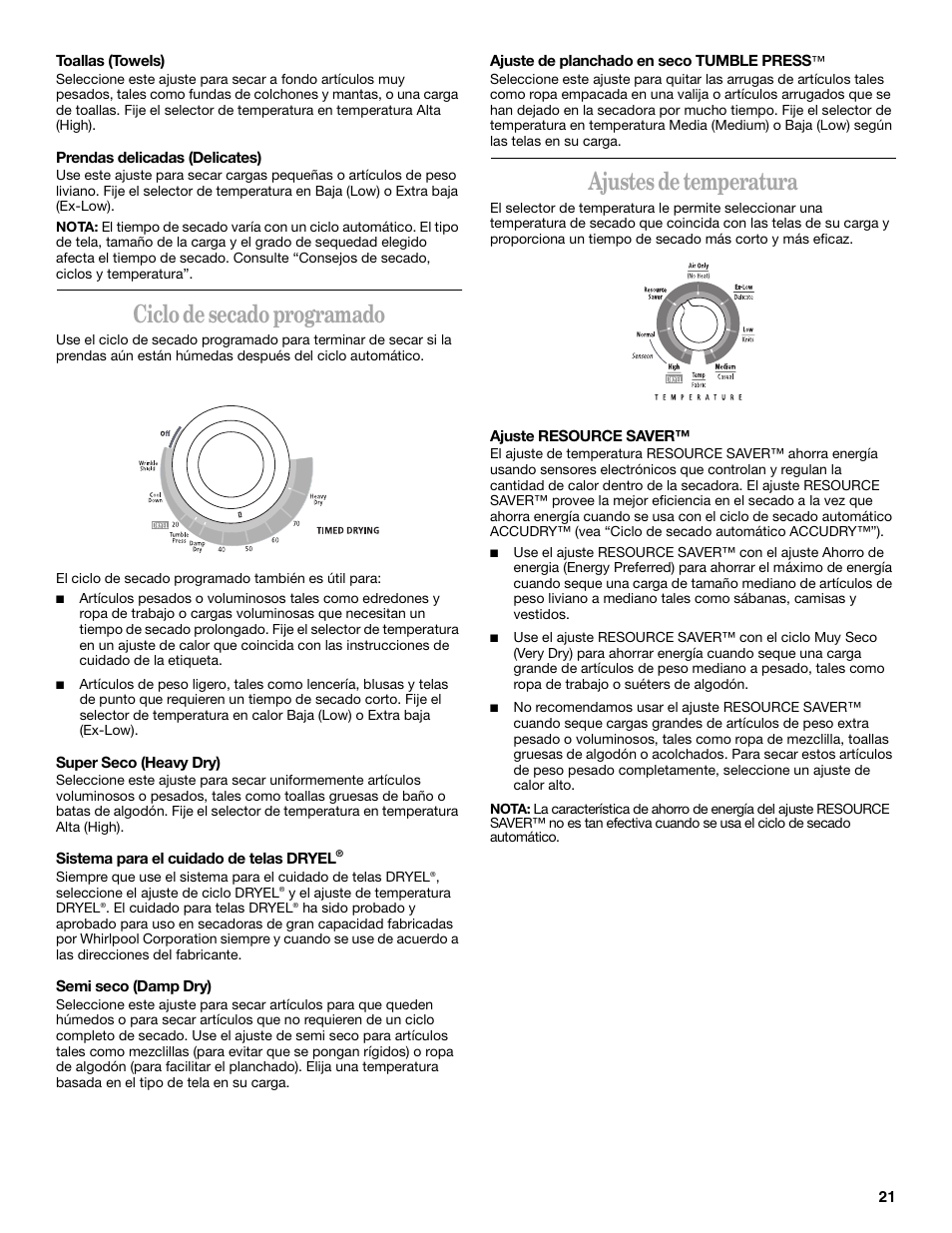 Ciclo de secado programado, Ajustes de temperatura | Whirlpool 8535839 User Manual | Page 21 / 28
