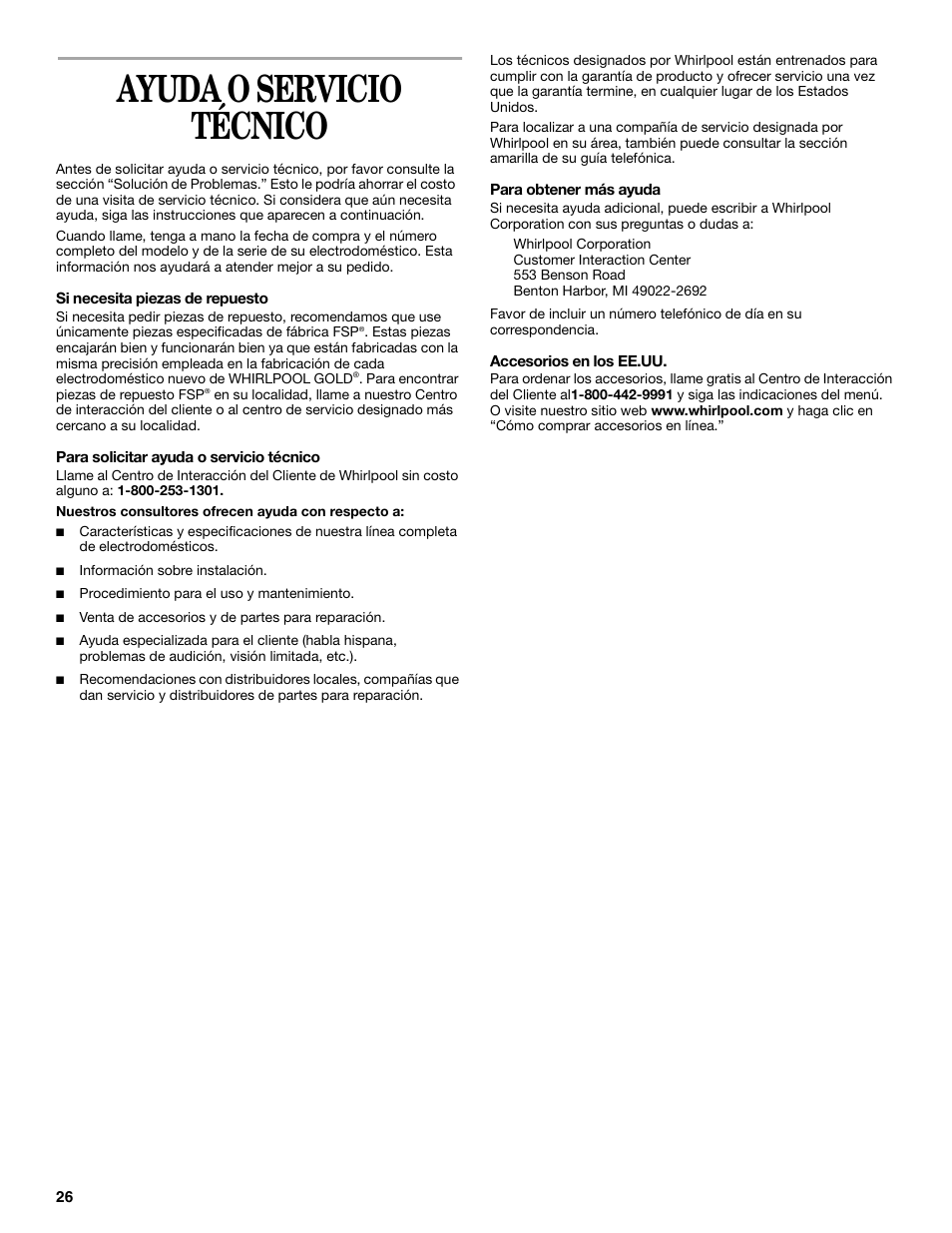 Ayuda o servicio, Ayuda o servicio técnico | Whirlpool 8535839 User Manual | Page 26 / 28