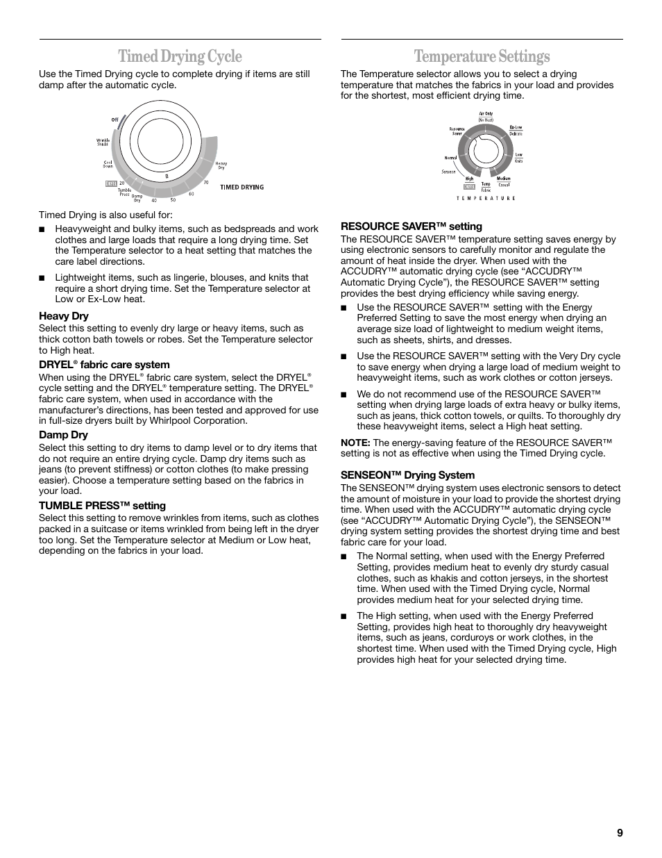 Timed drying cycle, Temperature settings | Whirlpool 8535839 User Manual | Page 9 / 28