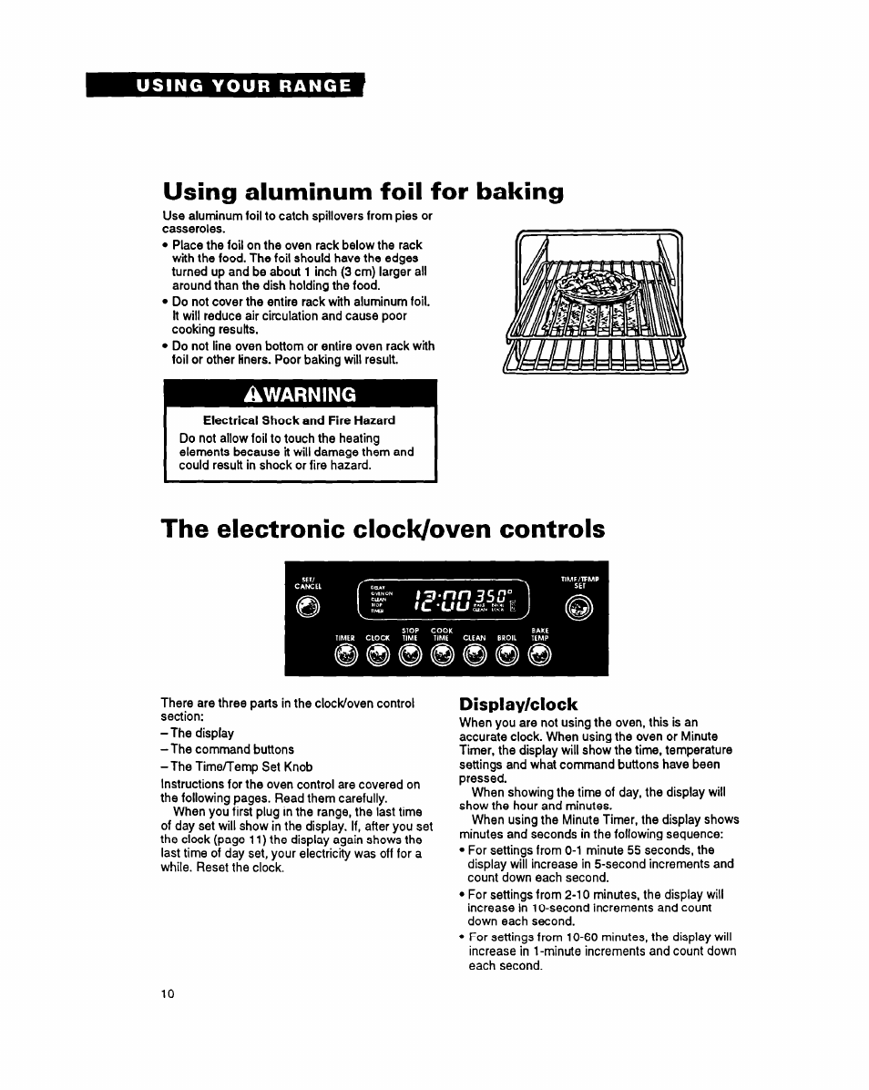 Using aluminum foil for baking, The electronic clock/oven controls, Display/clock | Warning | Whirlpool FES355Y User Manual | Page 10 / 32