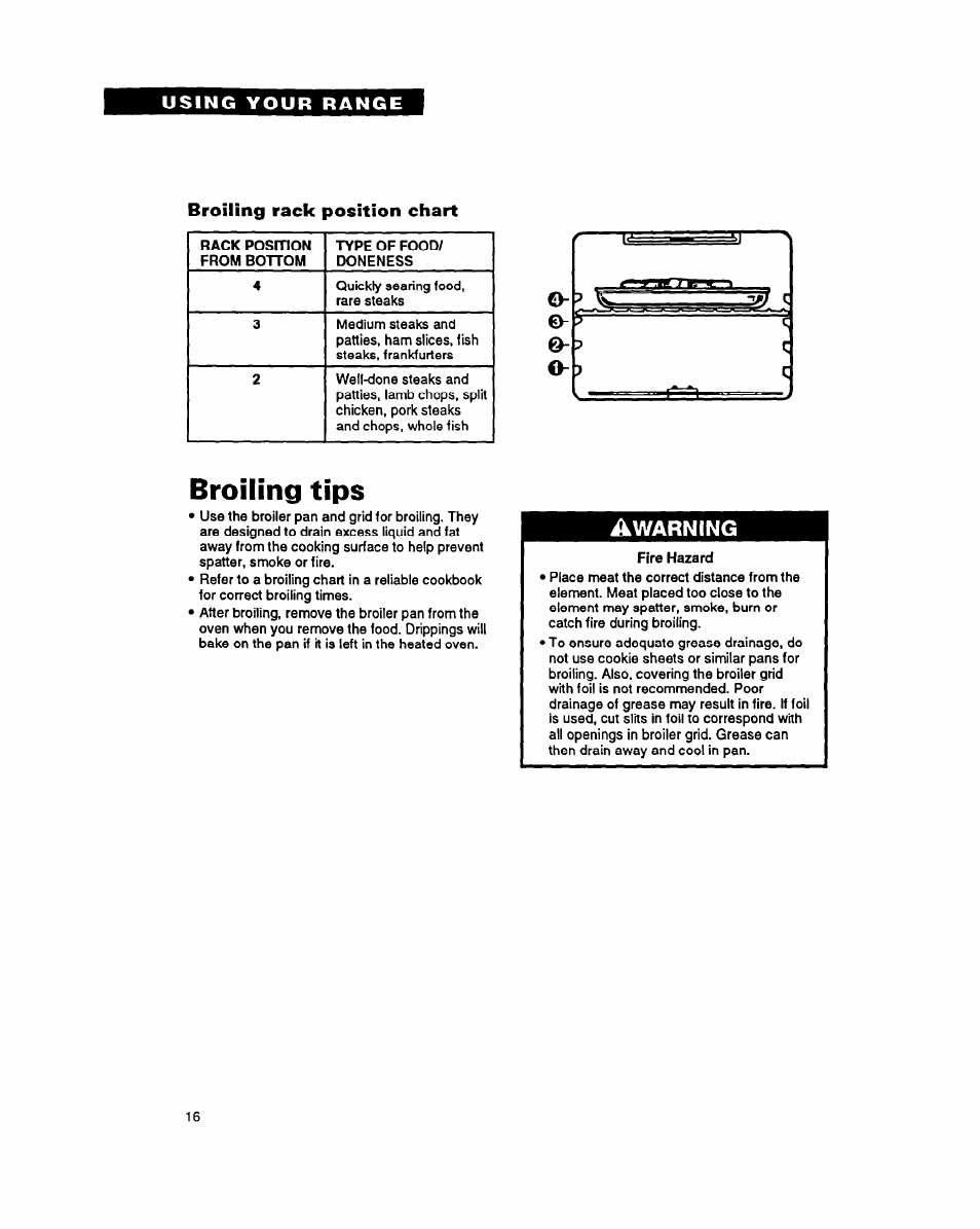 Broiling rack position chart, Broiling tips, Warning | Whirlpool FES355Y User Manual | Page 16 / 32