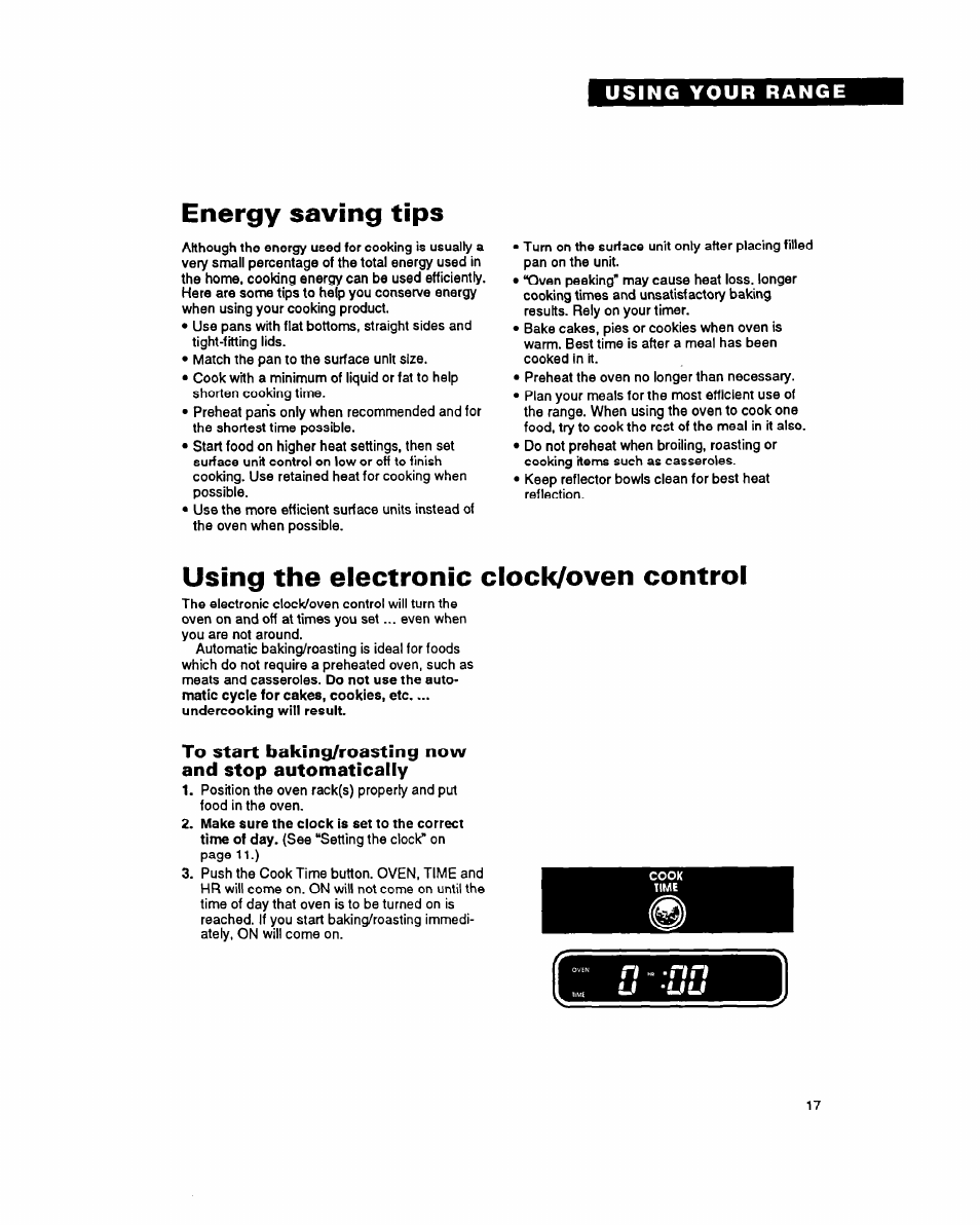 Energy saving tips, Using the electronic clock/oven control | Whirlpool FES355Y User Manual | Page 17 / 32