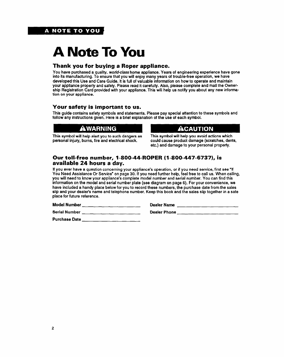 A note to you, Thank you for buying a roper appliance, Your safety is important to us | Whirlpool FES355Y User Manual | Page 2 / 32