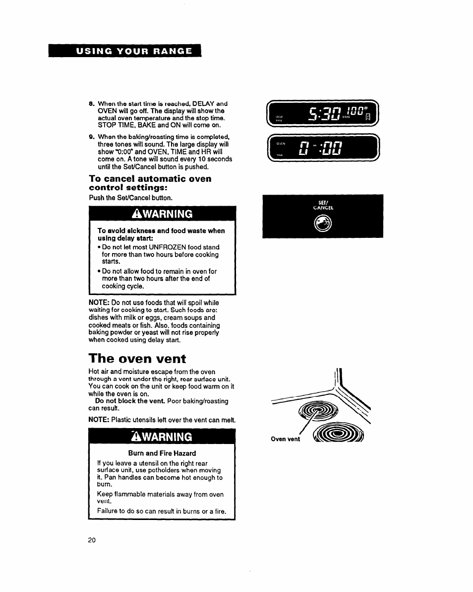 To cancel automatic oven control settings, The oven vent, Warning | Whirlpool FES355Y User Manual | Page 20 / 32
