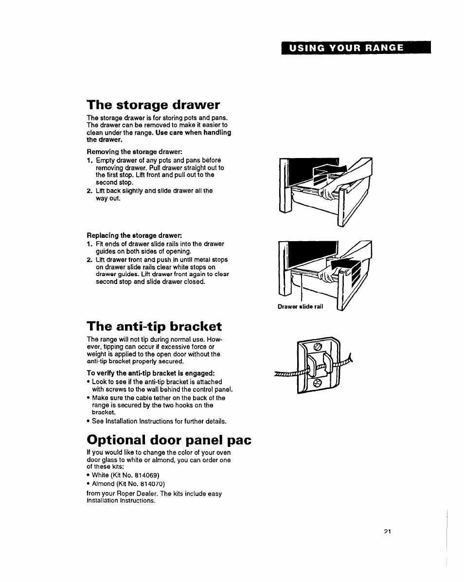 The storage drawer, The anti-tip bracket, Optional door panel рас | Whirlpool FES355Y User Manual | Page 21 / 32