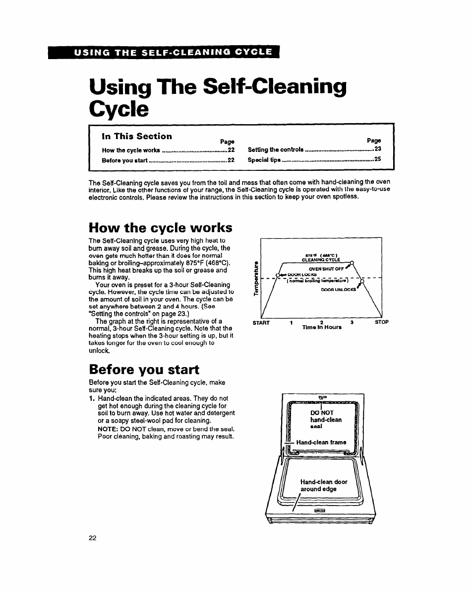 How the cycle works, Before you start, Using the self-cleaning cycle | Whirlpool FES355Y User Manual | Page 22 / 32
