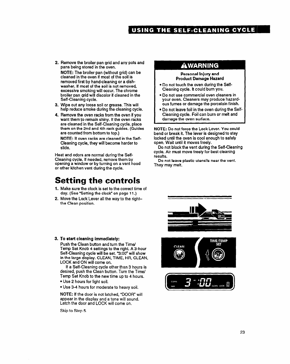 Setting the controls, Warning | Whirlpool FES355Y User Manual | Page 23 / 32