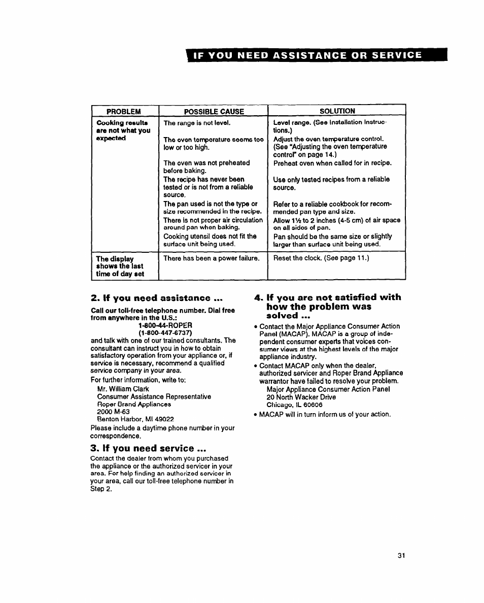 Problem, Possible cause, Solution | If you need assistance, If you need service | Whirlpool FES355Y User Manual | Page 31 / 32