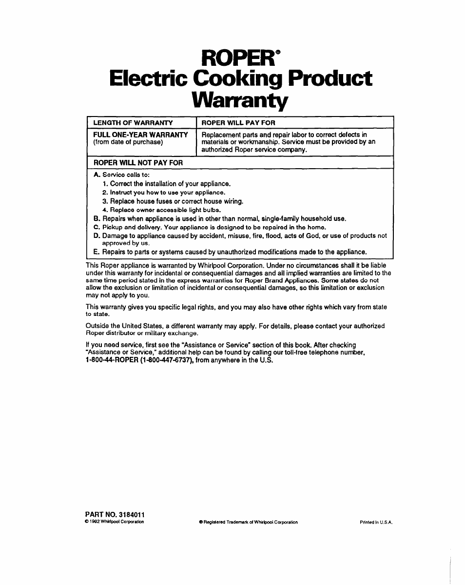Roper* elec:tric cooking product warranty | Whirlpool FES355Y User Manual | Page 32 / 32