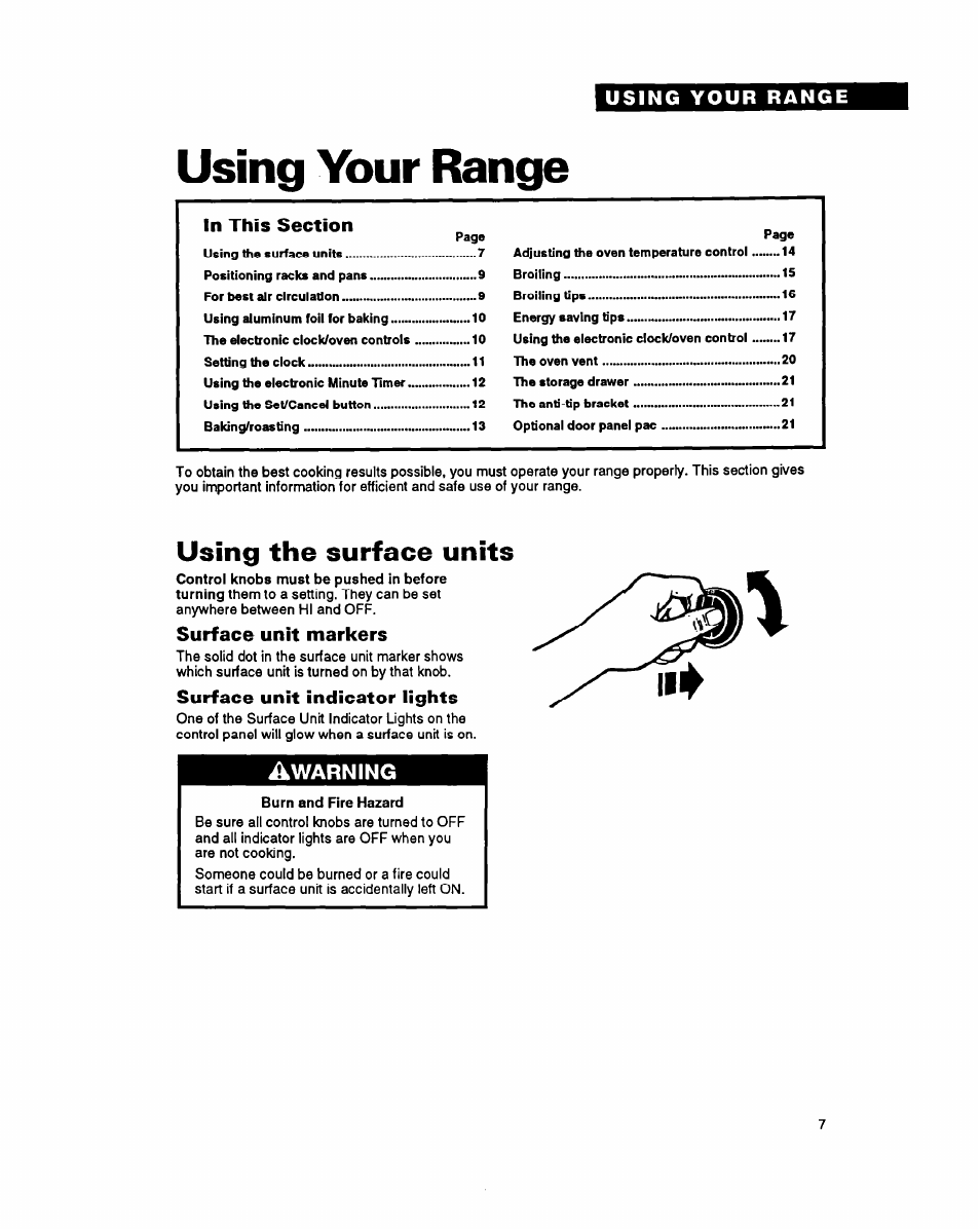 Using the surface units, Surface unit markers, Surface unit indicator lights | Using your range, Warning | Whirlpool FES355Y User Manual | Page 7 / 32