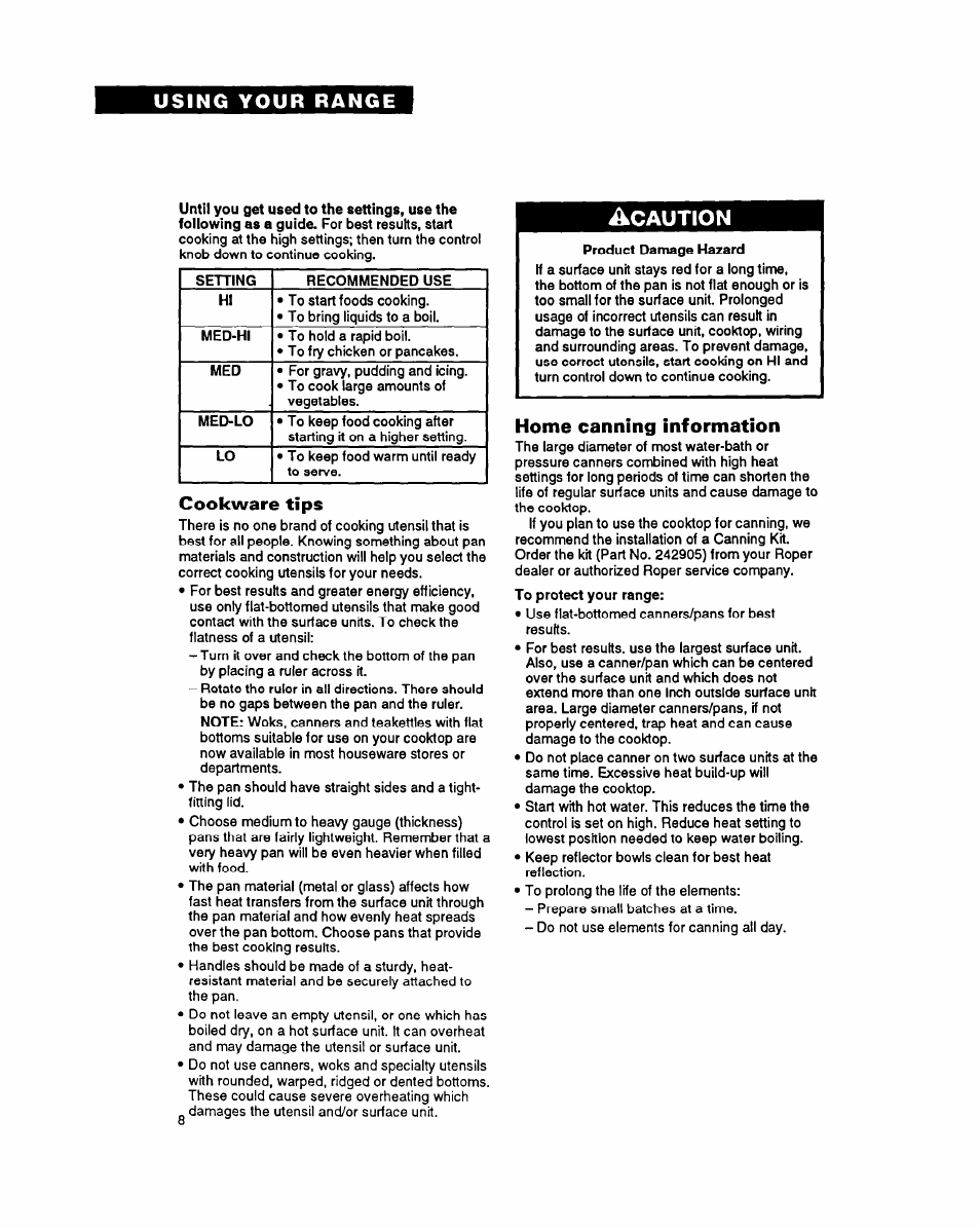 Cookware tips, Home canning information, Âcaution | Whirlpool FES355Y User Manual | Page 8 / 32