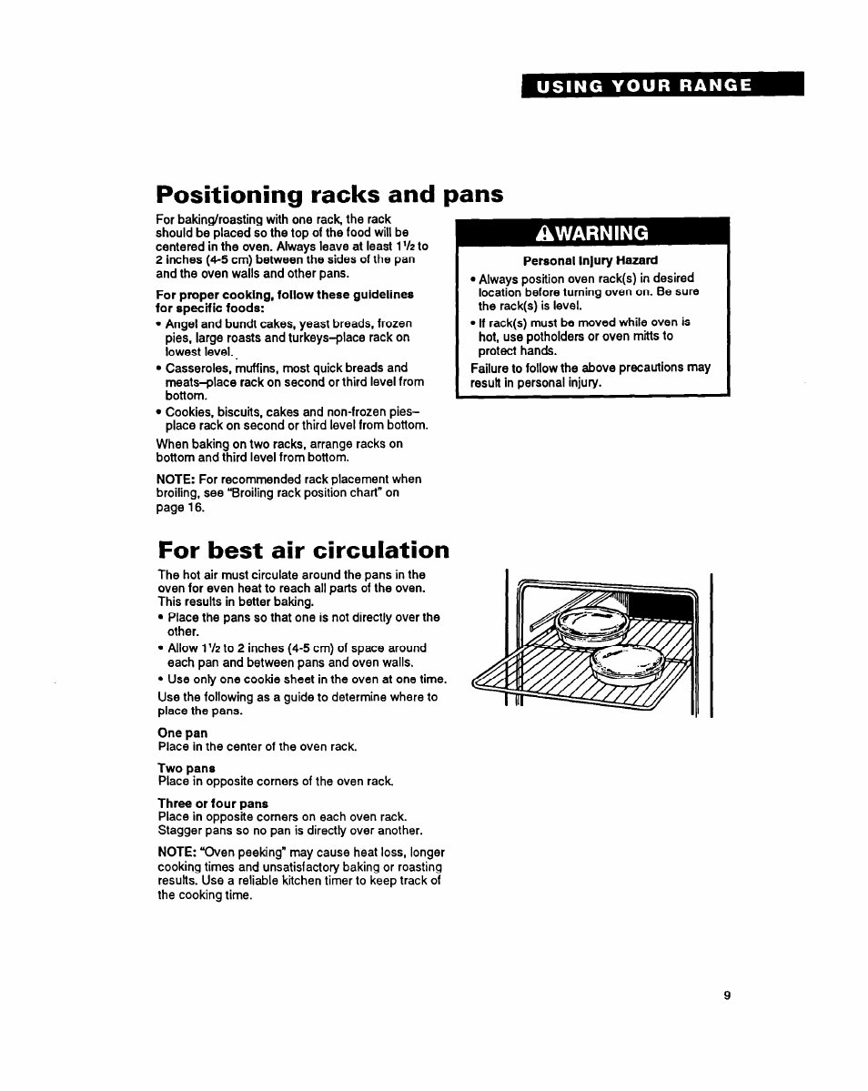 Positioning racks and pans, For best air circulation, Awarning | Whirlpool FES355Y User Manual | Page 9 / 32