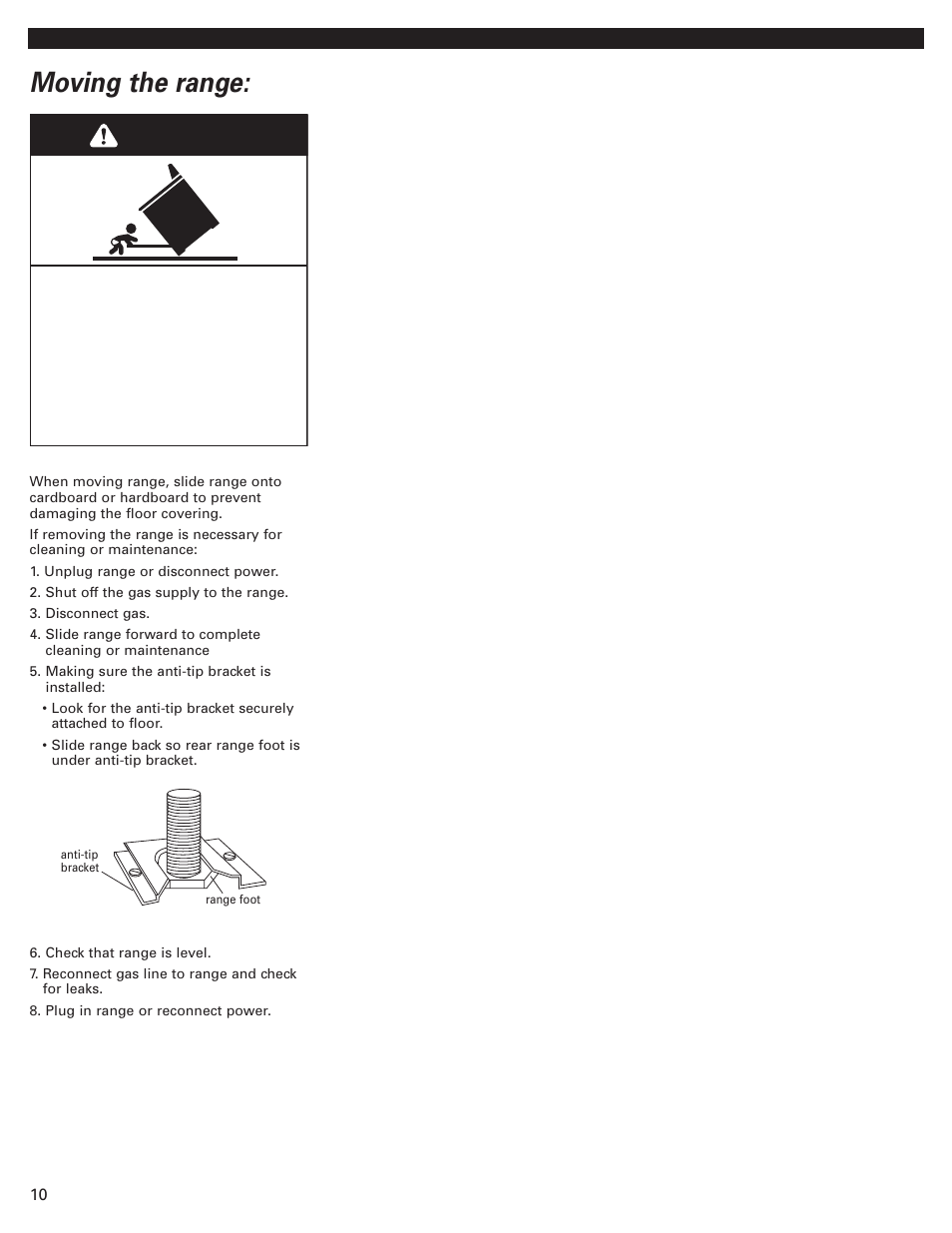Moving the range, Warning | Whirlpool Freestanding Gas Range User Manual | Page 10 / 12