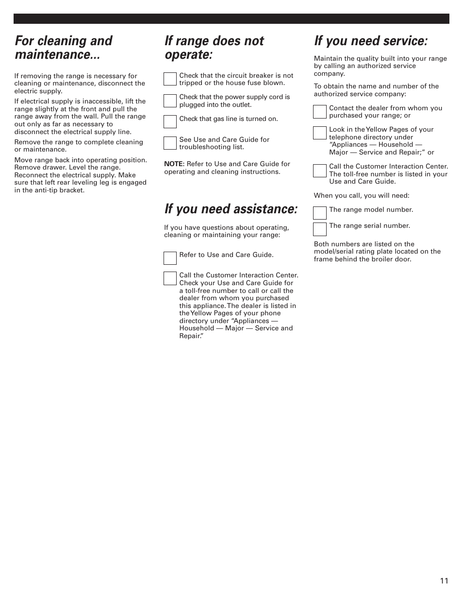 For cleaning and maintenance, If range does not operate, If you need assistance or service | If you need assistance, If you need service | Whirlpool Freestanding Gas Range User Manual | Page 11 / 12