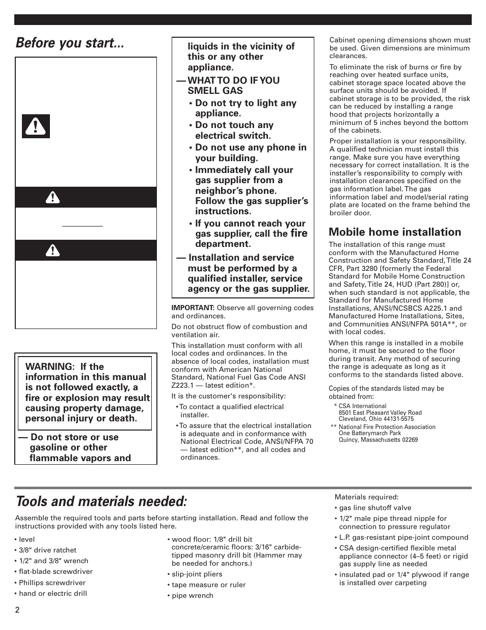 Before you start, Tools and materials needed, Warning | Danger, Mobile home installation, Fire | Whirlpool Freestanding Gas Range User Manual | Page 2 / 12
