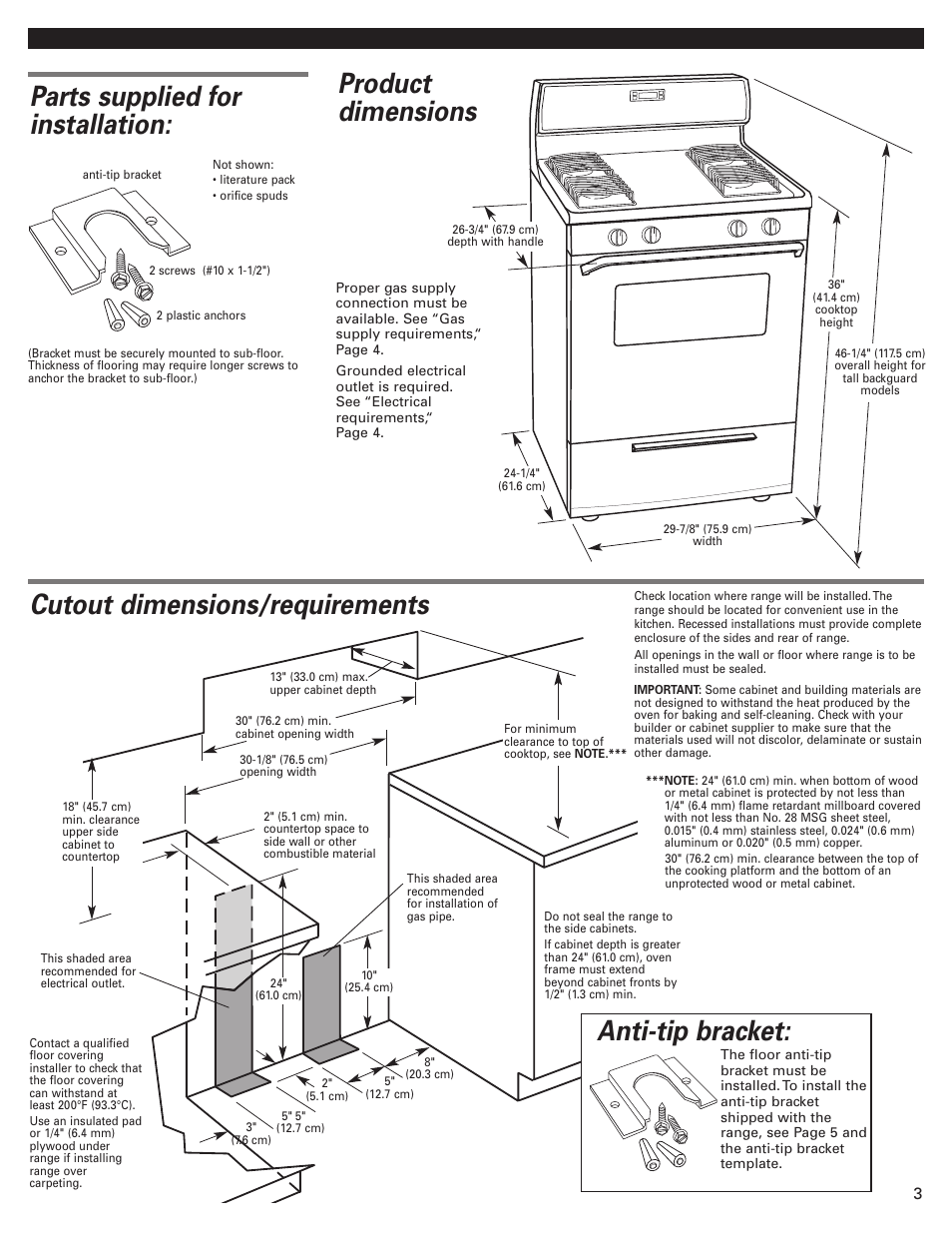 Parts supplied for installation, Product dimensions, Cutout dimensions/requirements | Anti-tip bracket | Whirlpool Freestanding Gas Range User Manual | Page 3 / 12