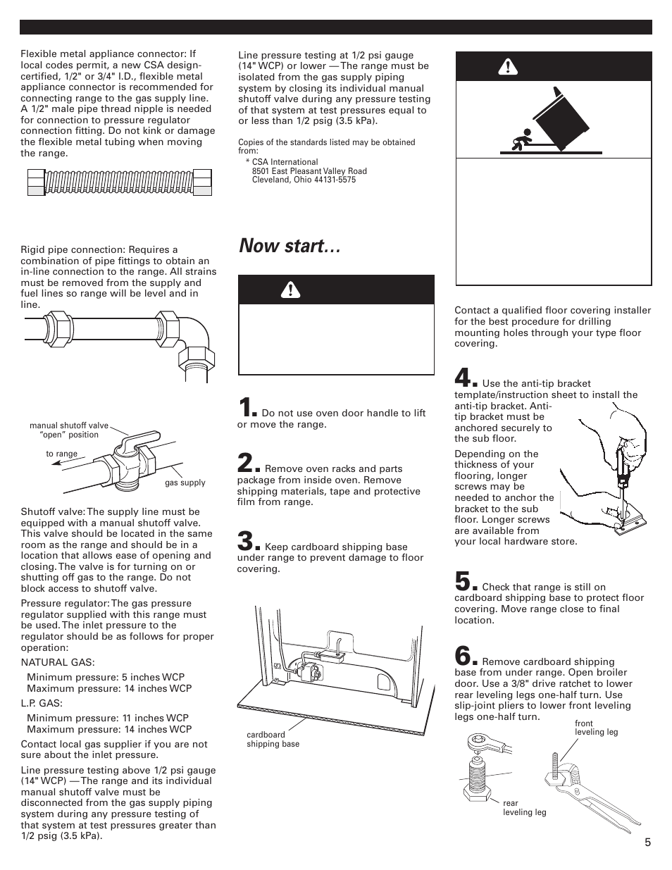 Installation steps, Now start, Warning | Whirlpool Freestanding Gas Range User Manual | Page 5 / 12