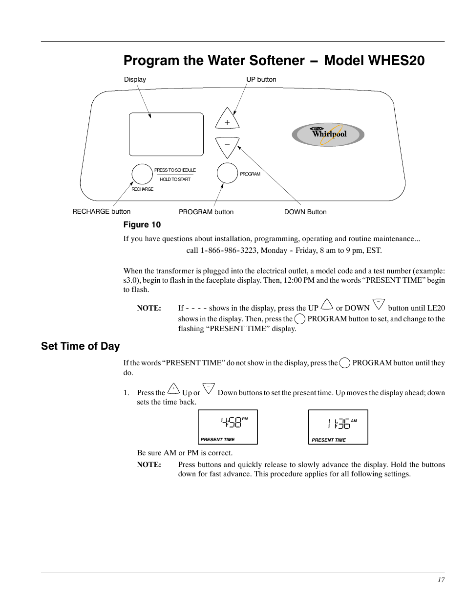 Program the water softener -- model whes20, Set time of day | Whirlpool WHES20 User Manual | Page 17 / 39