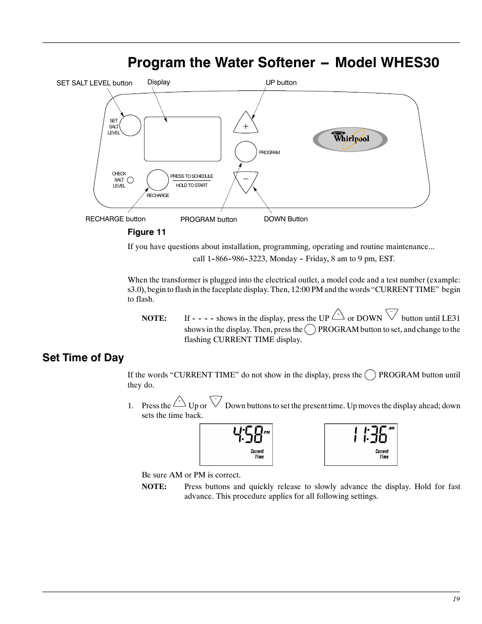 Program the water softener -- model whes30, Set time of day | Whirlpool WHES20 User Manual | Page 19 / 39