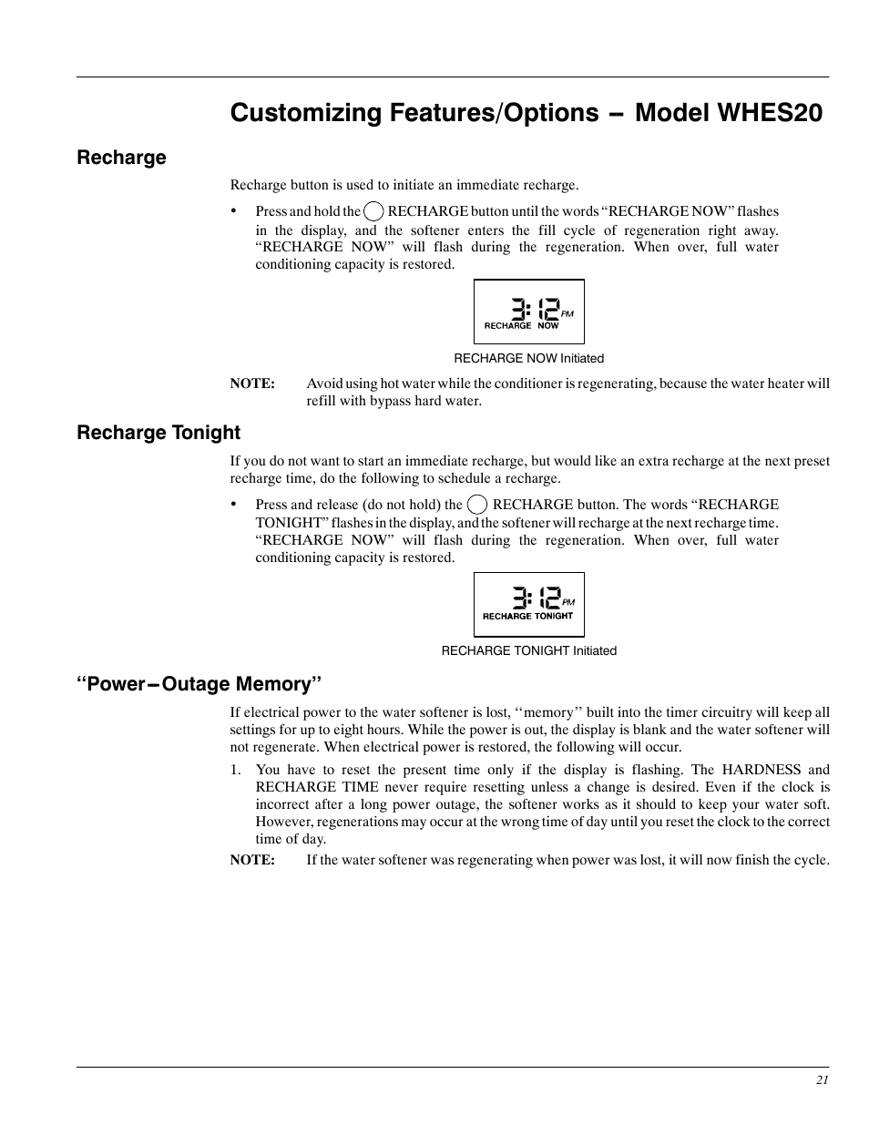 Customizing features/options -- model whes20, Recharge, Recharge tonight | Whirlpool WHES20 User Manual | Page 21 / 39