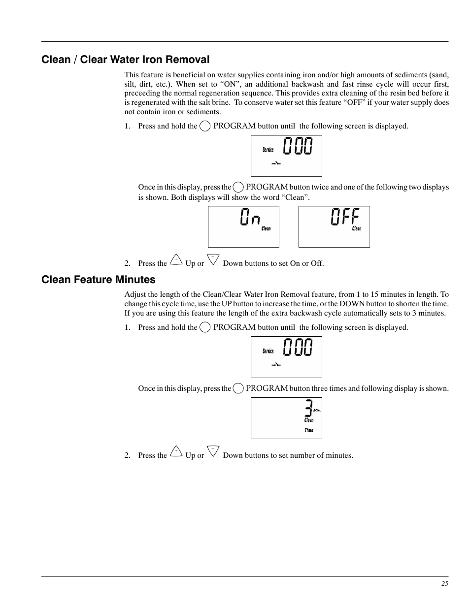 Clean / clear water iron removal, Clean feature minutes | Whirlpool WHES20 User Manual | Page 25 / 39